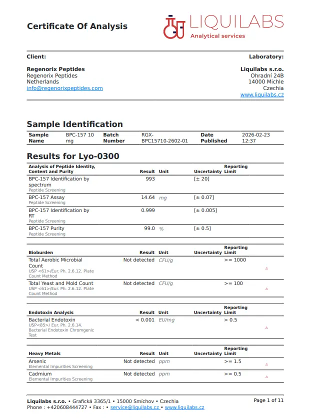 bpc-157 certificate of analysis Kopen Nederland | ≥99% Zuiver | COA Getest BPC-157 10mg Research Vial —